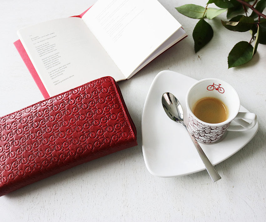 Damengeldbörse "Auf dem Rad" rot + Tasse