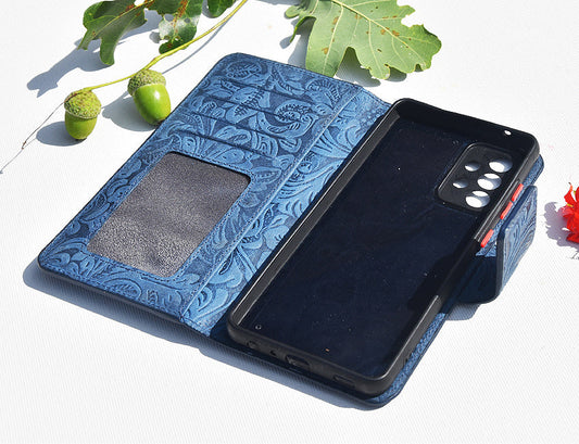 Damen Leder Handyhülle für iPhone 13 - Damascena Blue